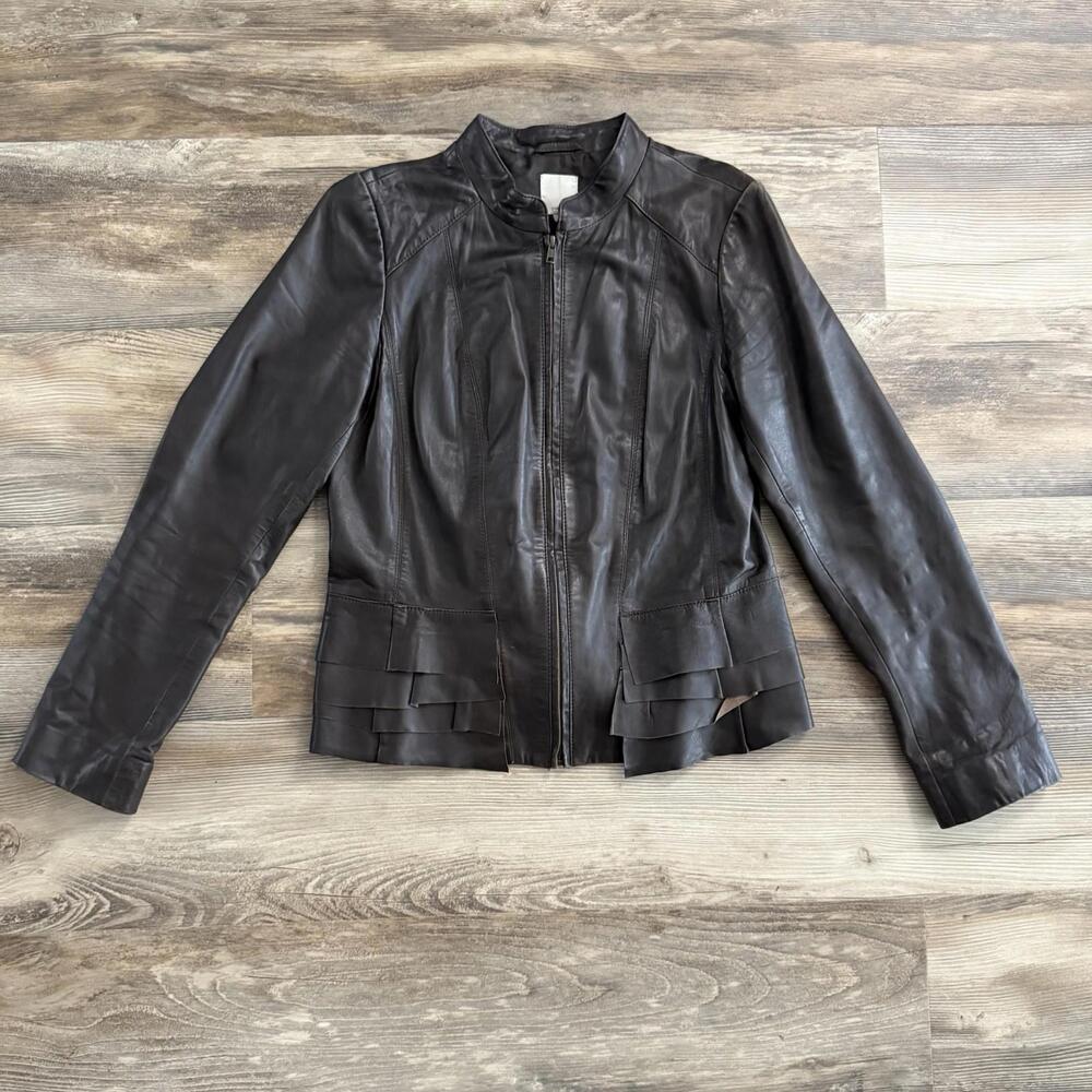 Halogen Brown Leather Ruffle Hem Moto Jacket Size L Women’s Boho